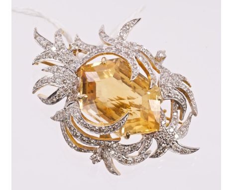 Unusual diamond and citrine pendant / brooch with hexagonal faceted citrine with diamond set foliage surround, maker's mark -