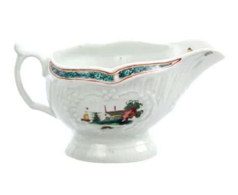 Small 18th century Worcester sauce boat with moulded and polychrome painted decoration, circa 1756, 13cm CONDITION REPORT Min