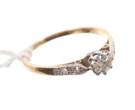 Diamond single stone ring with an old cut diamond weighing approximately 0.30 carats, with diamond set shoulders, on gold (18