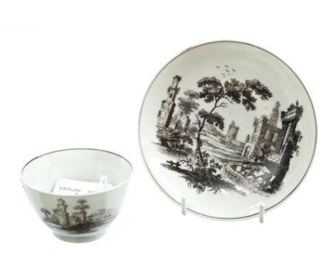 18th century Worcester Hancock printed tea bowl and saucer decorated with classical ruins, circa 1765.  Ex-Joseph Handley and