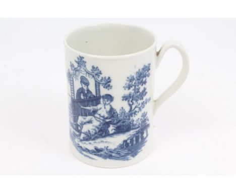 18th century Worcester blue and white tankard of flared cylindrical form, printed with La Peche pattern, with fluted loop han