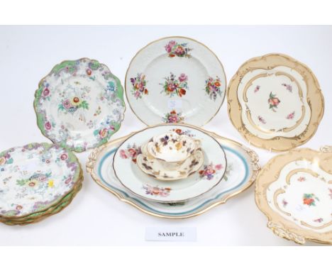 A collection of 19th century English porcelain - including Rockingham tea cup and saucer, pair Coalport plates finely painted