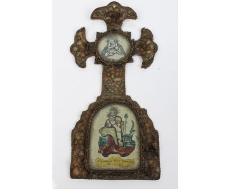 17th / 18th century Italian fabric crucifix with two glazed religious embroidered figural panels within raised work surround,