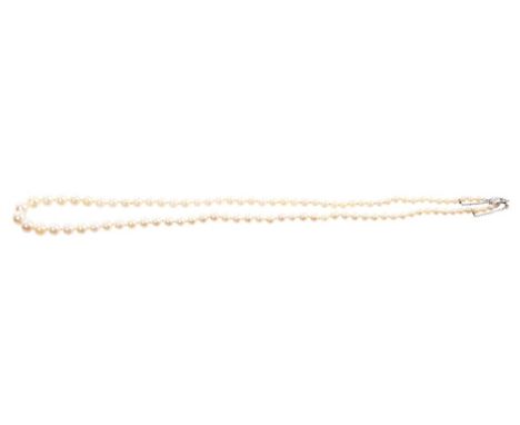 Cultured pearl necklace with a string of graduated cultured pearls, measuring approximately 7.3mm to 3.25mm, set with an old 