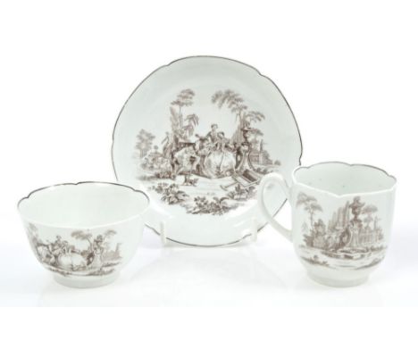 Fine 18th century Worcester Hancock printed 'L'Amour' trio, with rare-shaped rims, circa 1760, signed in the print CONDITION 