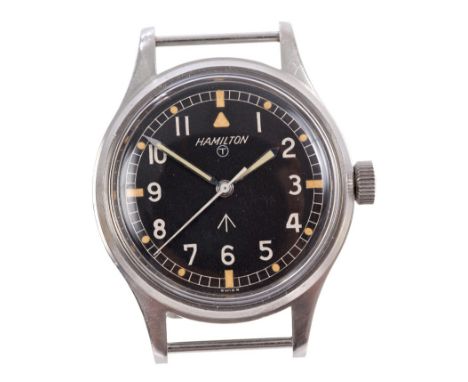 British Military Issue Hamilton Navigator's wristwatch, the circular black dial with white Arabic numerals and luminous hour 