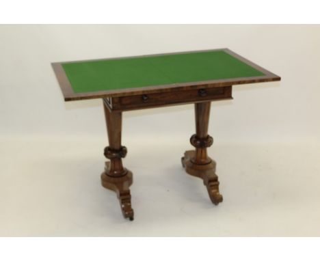 William IV figured mahogany card table with rectangular foldover top enclosing green baize playing surface and shallow well b