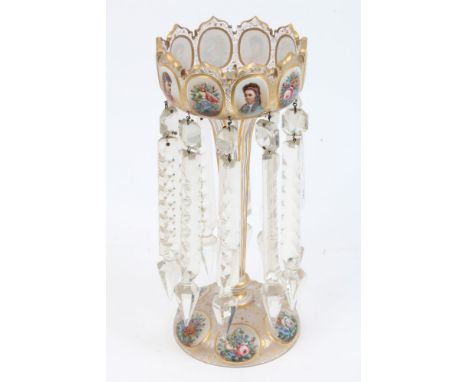Good quality mid-19th century Bohemian overlaid glass lustre with castellated top, painted female portrait and floral reserve