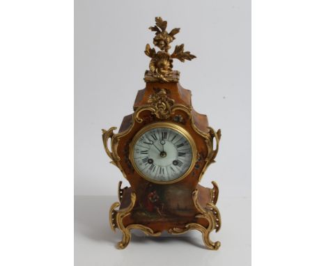 19th century French mantel clock with eight day movement, outside countwheel, striking on a bell, white enamel dial with Roma