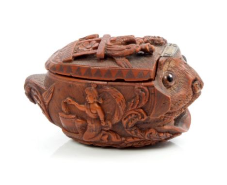 Good quality late 18th / early 19th century carved coquilla nut snuff box, finely carved with figures, classical masks and an