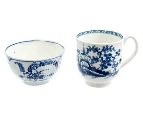 18th century Worcester blue and white Cannonball pattern coffee cup, circa 1765 and Worcester blue and white fluted tea bowl 