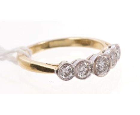 Gold (18ct) five stone diamond ring with five brilliant cut diamonds estimated to weigh approximately 0.45 carats, in rub-ove