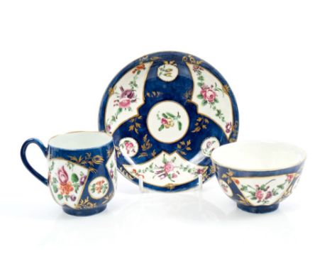 Mid-18th century Worcester trio with polychrome painted floral sprays, on powder blue and gilt ground - unmarked  CONDITION R