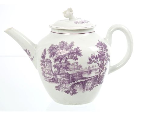 18th century Worcester Hancock purple printed teapot and cover with flower-head knop and Two Bridges pattern decoration, circ