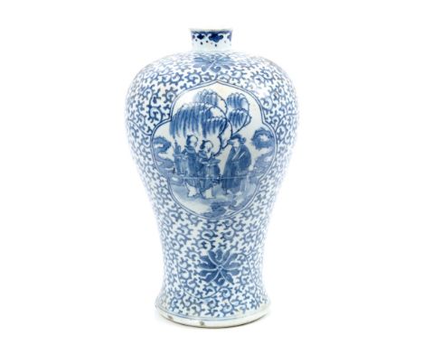 19th century Chinese blue and white baluster-shaped vase with narrow neck, figure painted reserves and floral scroll decorati