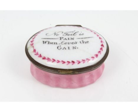 Early 19th century pink enamel oval patch box 'No Toil is Pain when loves the gain', 4.5cm
