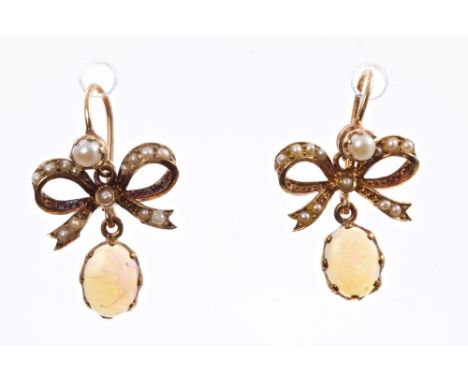 Pair Edwardian-style gold (9ct) opal and seed pearl pendant earrings, each with an oval cabochon opal suspended from a seed p