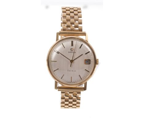 Gentlemen's Omega Genève gold (9ct) wristwatch with 613 calibre seventeen jewel movement, circular dial with brushed satin fi