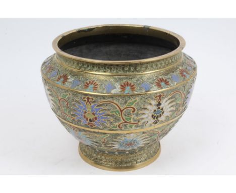 19th century Chinese brass and champlevé enamel planter with stylised floral decoration, 22cm 