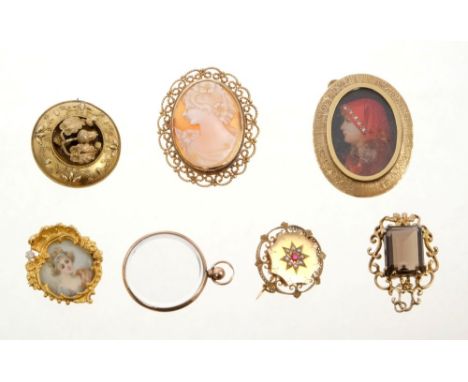 Late 19th century Continental gold and diamond brooch containing a portrait miniature, one other gold portrait pendant / broo