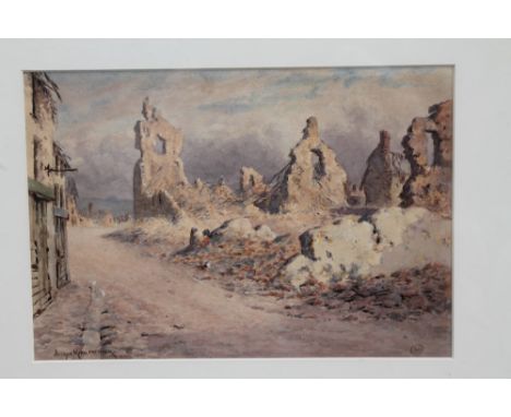 Joseph Kirkpatrick (1872 - 1936), two First World War period watercolours - bombed villages, signed, in glazed frames, 17cm x