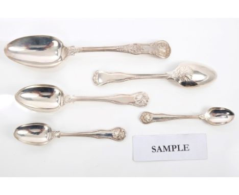 Selection of William IV silver shell and thread pattern flatware - including five dessert spoons, three egg spoons and one te