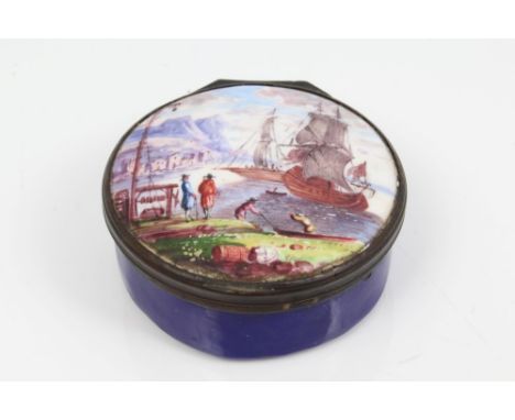 Late 18th century blue enamel circular snuff box, the lid painted with a harbour view, with figures and shipping, 6cm diamete