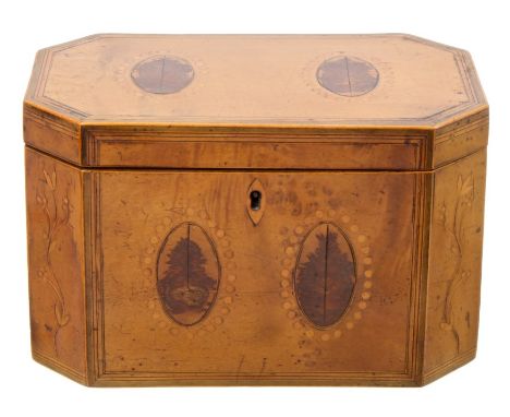 George III inlaid satinwood tea caddy of octagonal form, with burr elm inlaid ovals and floral marquetry to the canted corner