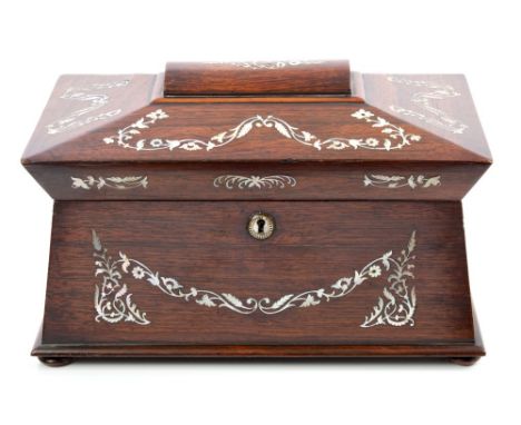 Regency rosewood sarcophagus-shaped tea caddy with mother of pearl floral swag inlaid decoration, original cut glass mixing b