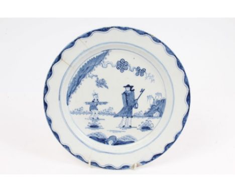 18th century Bow blue and white Golfer and Caddy pattern plate, circa 1758, 26cm