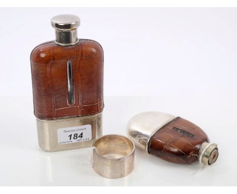 20th century spirit flask with silver plated mounts and leather cover, detachable silver plate drinking cup, together with on