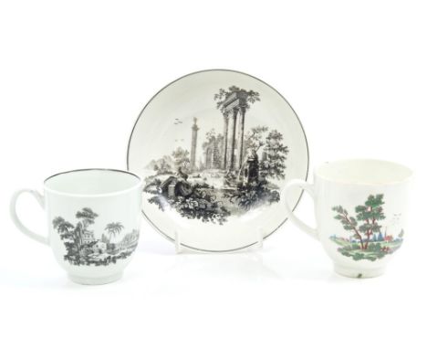 18th century Worcester printed cup and saucer decorated with classical ruins and Worcester Hancock printed and painted coffee