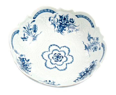 18th century Worcester blue and white junket dish with moulded shell and painted floral sprays - underglazed blue crescent ma