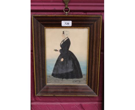 Mid-19th century English School watercolour - portrait profile of a lady in black dress, clutching a book, in glazed frame, 2