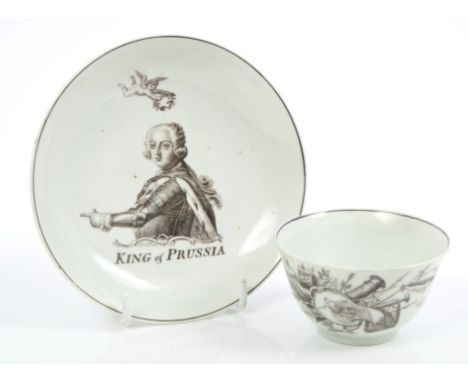 Fine 18th century Worcester Hancock printed 'King of Prussia' tea bowl and saucer, circa 1758 - 1760 CONDITION REPORT Appears