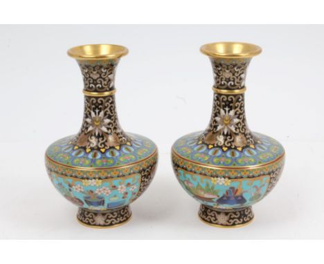 Pair 20th century Chinese cloisonné vases with precious objects and floral scroll decoration, 9cm