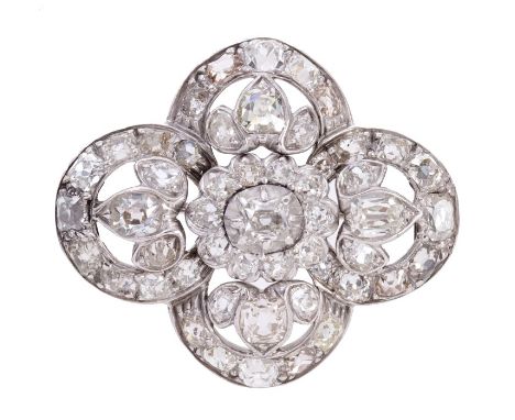 Victorian diamond brooch, the oval quatrefoil plaque centred with a flower-head cluster, diamond set leaves and old cut diamo