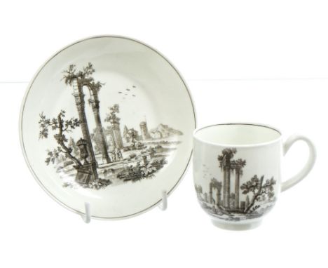 18th century Worcester Hancock printed coffee cup and saucer decorated with classical ruins, circa 1760 CONDITION REPORT Chip