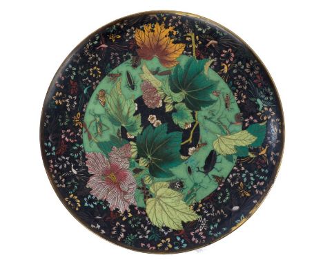 Good quality late 19th century Chinese cloisonné charger with unusual multiple insect and leaf decoration within bird and flo