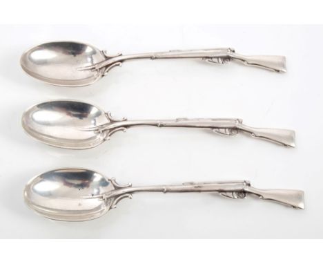 Set of three First World War period silver spoons with stems modelled as SMLE rifles (Birmingham 1914), Walker & Hall.  All a