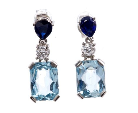 Pair of aquamarine, diamond and sapphire earrings, with an octagonal facet cut aquamarine suspended from a brilliant cut diam