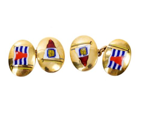 Pair gold (9ct) and enamel cufflinks, the oval plaques enamelled with Yacht Club pennants and flags (Birmingham 1956 - 1957) 