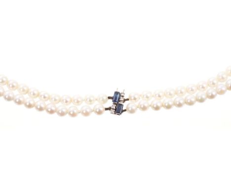 Cultured pearl necklace with a double strand of cultured pearls on a white gold (18ct) sapphire and diamond clasp