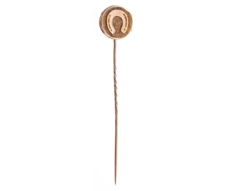 Victorian diamond set stick pin in the form of a riding crop and horseshoe, and a Victorian stick pin with horse-head motif a