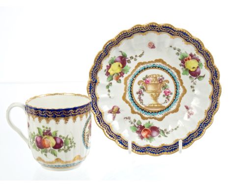 18th century Worcester fluted coffee cup and saucer with polychrome painted urns, flowers, fruit and insects - blue crescent 