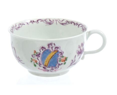 Rare 18th century Worcester armorial tea cup with polychrome painted Ducal coronet with feathers and armorial shield and puce