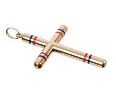 Gold (9ct) and enamel Gucci cross pendant, the tubular sections with red and blue enamelled bands, signed - Gucci (London 197