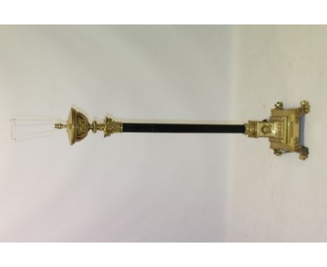 Neo classical-style brass and steel standard lamp with pierced reservoir top on Corinthian column and stepped square base on 
