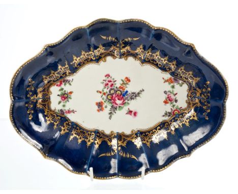 18th century Worcester fluted lozenge-shaped dish with polychrome floral sprays and blue and gilt border - seal mark, circa 1