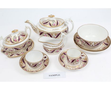 Early 19th century Minton and Poulson teaware with painted roses and swags pattern no. 791 decoration - comprising new shape 